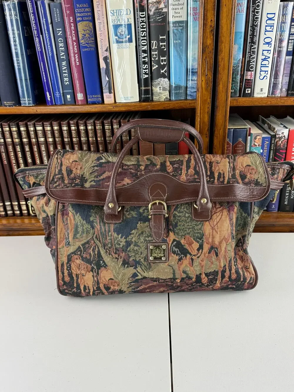 Vtg 1980's Capezio Equestrian Tapestry Faux Leather English Countryside Bag